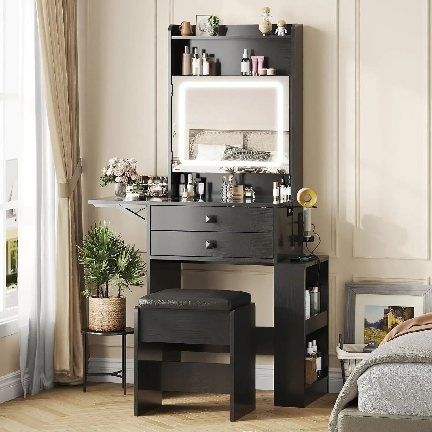 Desk Setup Charging Station - طاولة مكياج صغيرة، 3 مرايا مضيئة