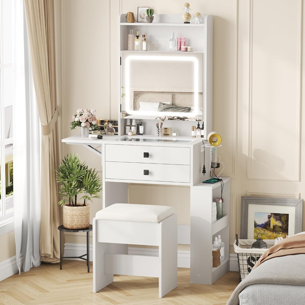 Desk Setup Charging Station - طاولة مكياج صغيرة مع مرآة مضاءة